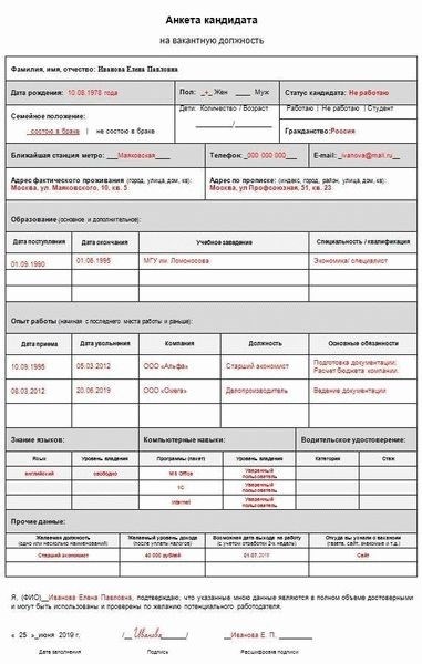 Обязательные и дополнительные поля анкеты при приеме на работу